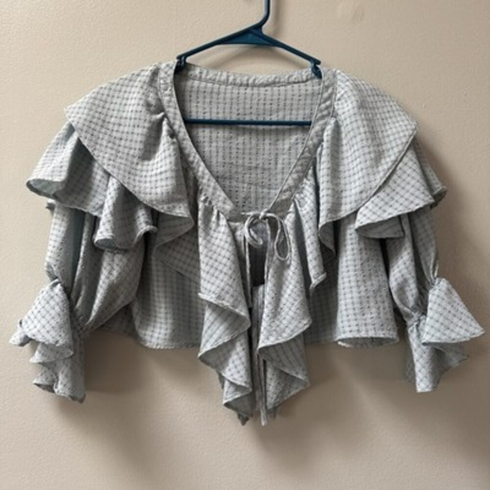 One Way Tie Front Crop Top Free Size Blue Textured Blouse Soft Girl Cottagecore